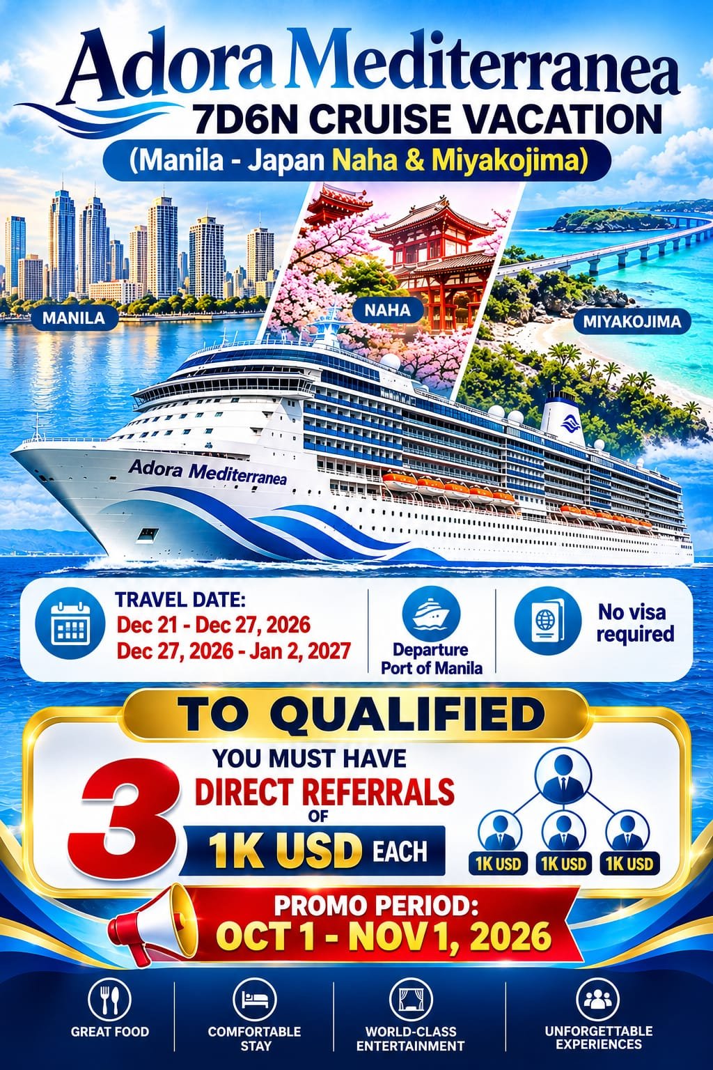 Adora Mediterranea cruise vacation promotion: Manila to Japan, December 2026 to January 2027